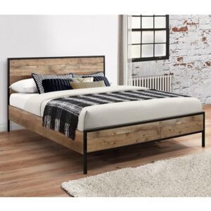 Coruna Wooden King Size Bed In Rustic And Metal Frame