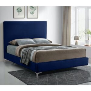 Glenmoore Plush Velvet Upholstered Double Bed In Blue