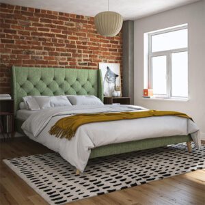 Hyeon Linen Fabric Double Bed In Green