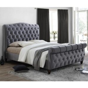 Tuxford Super King Size Bed In Grey Velvet With Dark Wood Feet