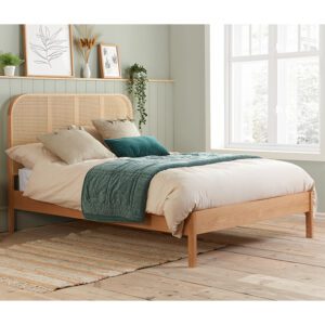 Margot Wooden King Size Bed In Oak With Rattan Headboard