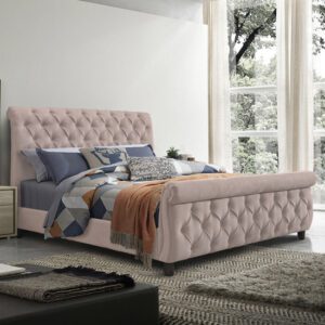 Morvey Velvet Fabric Ottoman King Size Bed In Blush Pink